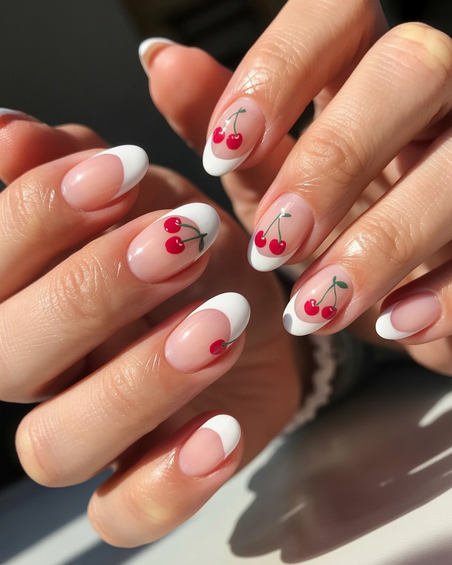 White French tip nails with glossy almond shape featuring bright red cherry accents in a chic nail salon setting.