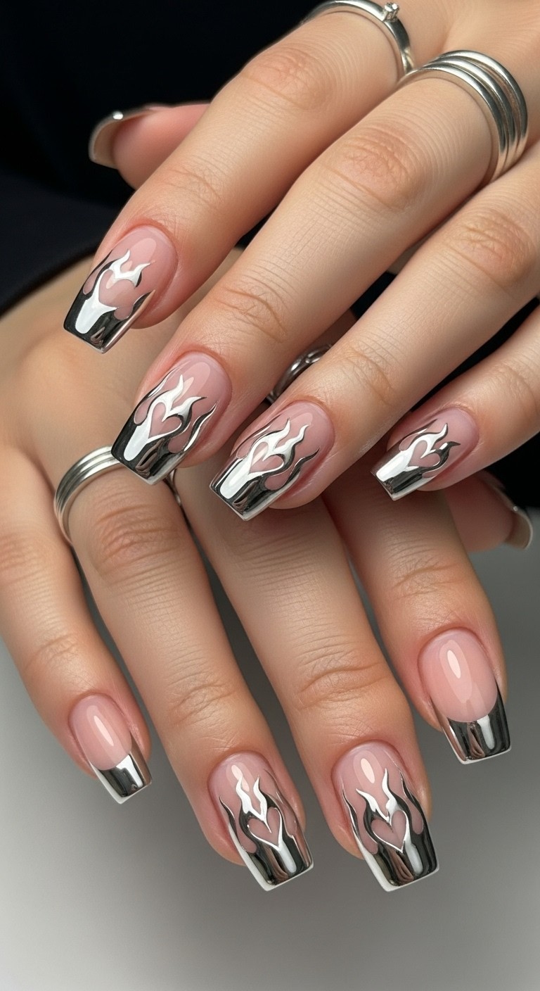 Elegant female hands with nails featuring silver chrome flame heart designs on French tips against a neutral background.