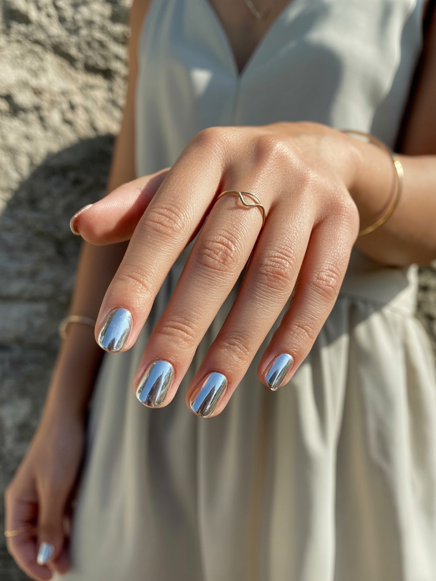 Close-up of hand with straight fingers showing sleek chrome silver French tip nails, delicate gold rings, and soft off-white flowy sleeves against a neutral stone background.

