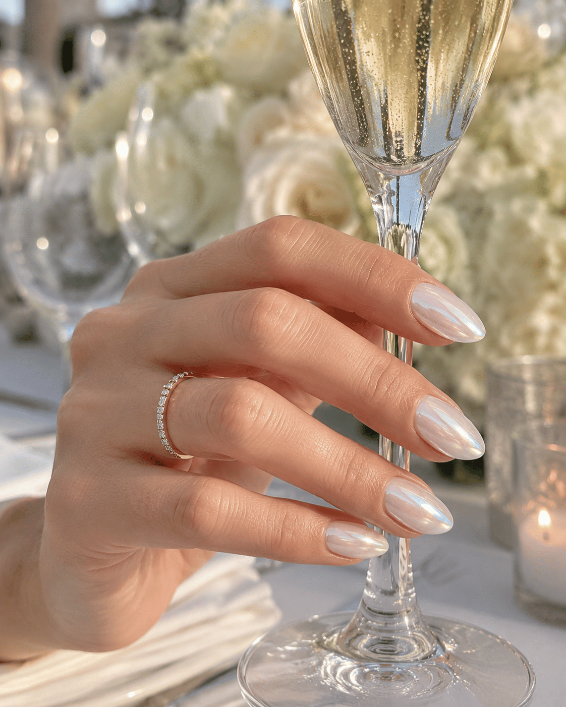 Chrome pearl nails with a sheer milky base and luminous pearl finish on almond-shaped nails at an elegant summer wedding setting.