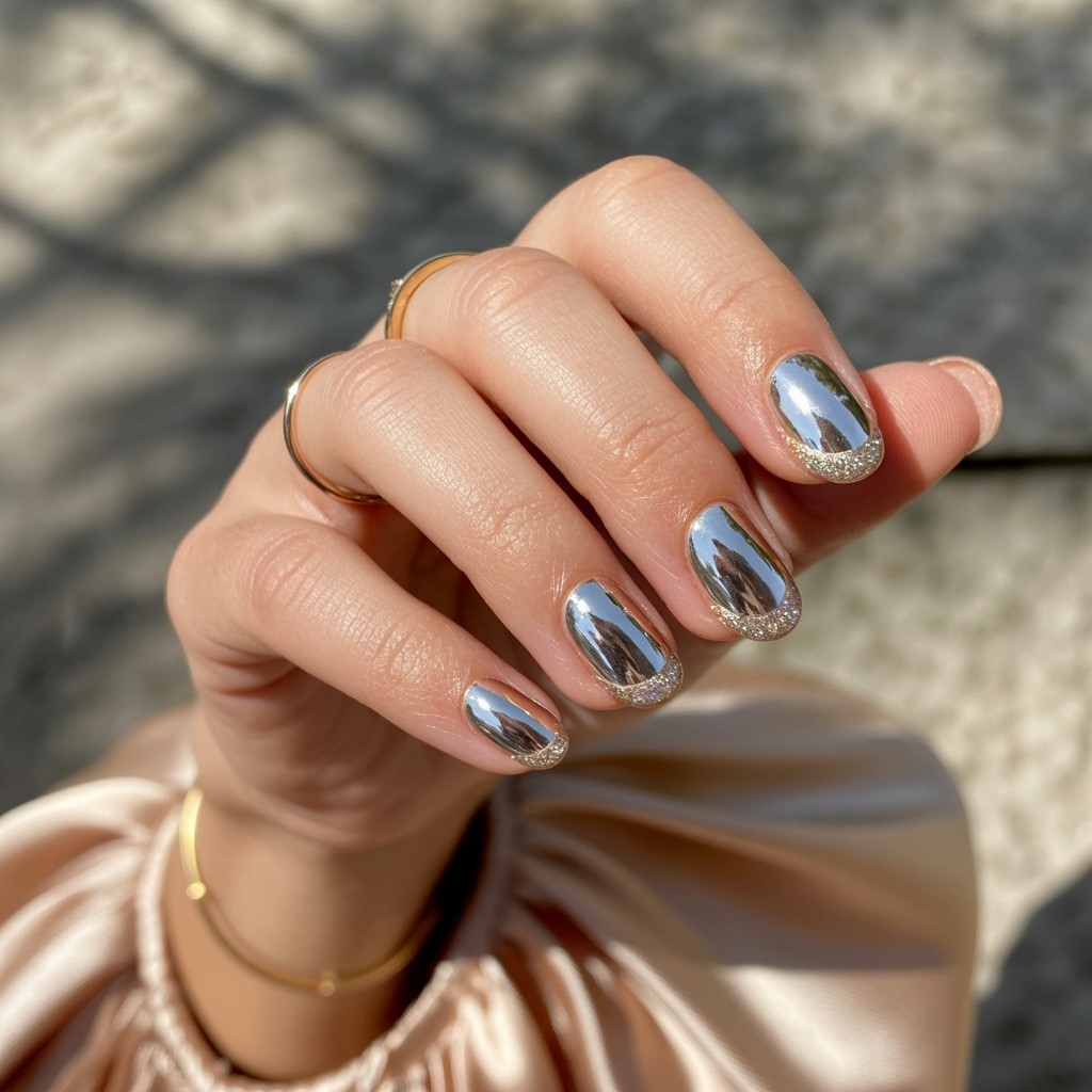 Close-up of a natural hand with sleek, thin fingers showing chrome and shimmering gold French tip nails, delicate gold rings, and champagne flowy sleeves against a neutral stone background.

