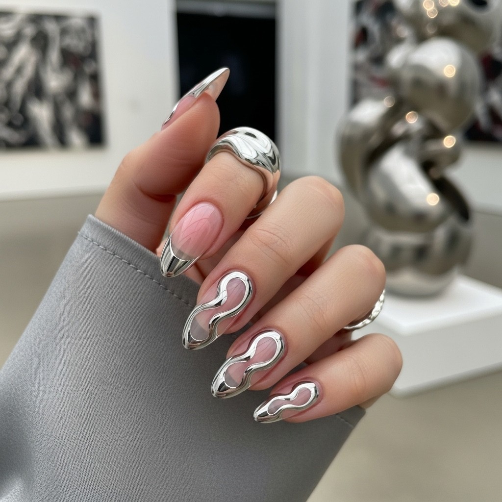 Futuristic Chrome Swirl French manicure with translucent base and reflective silver swirl designs on oval nails, styled with sculptural jewelry against satin.