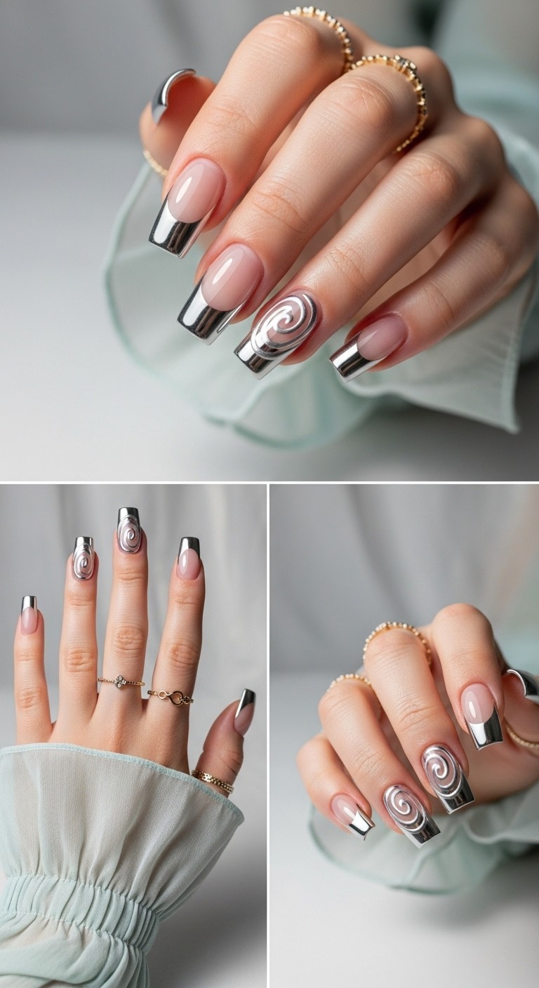 Close-up of a hand with square nails featuring nude bases and silver chrome French tips with delicate swirl designs, accessorized with gold rings and soft pastel sleeves.