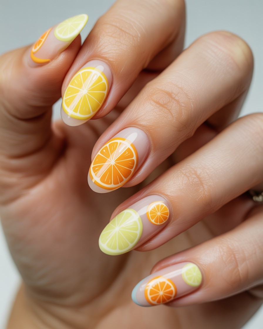 Whole hand with glossy nails featuring mini orange and lemon slice decals on a clear pastel base.