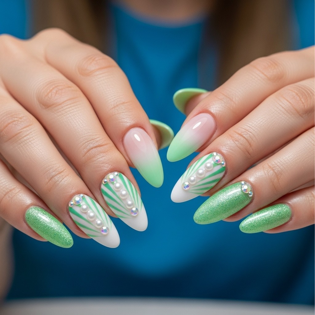 Close-up of two hands with long almond-shaped nails in a clam shell mermaid design featuring green and white polish, pearl accents, rhinestones, and soft ombre effects.