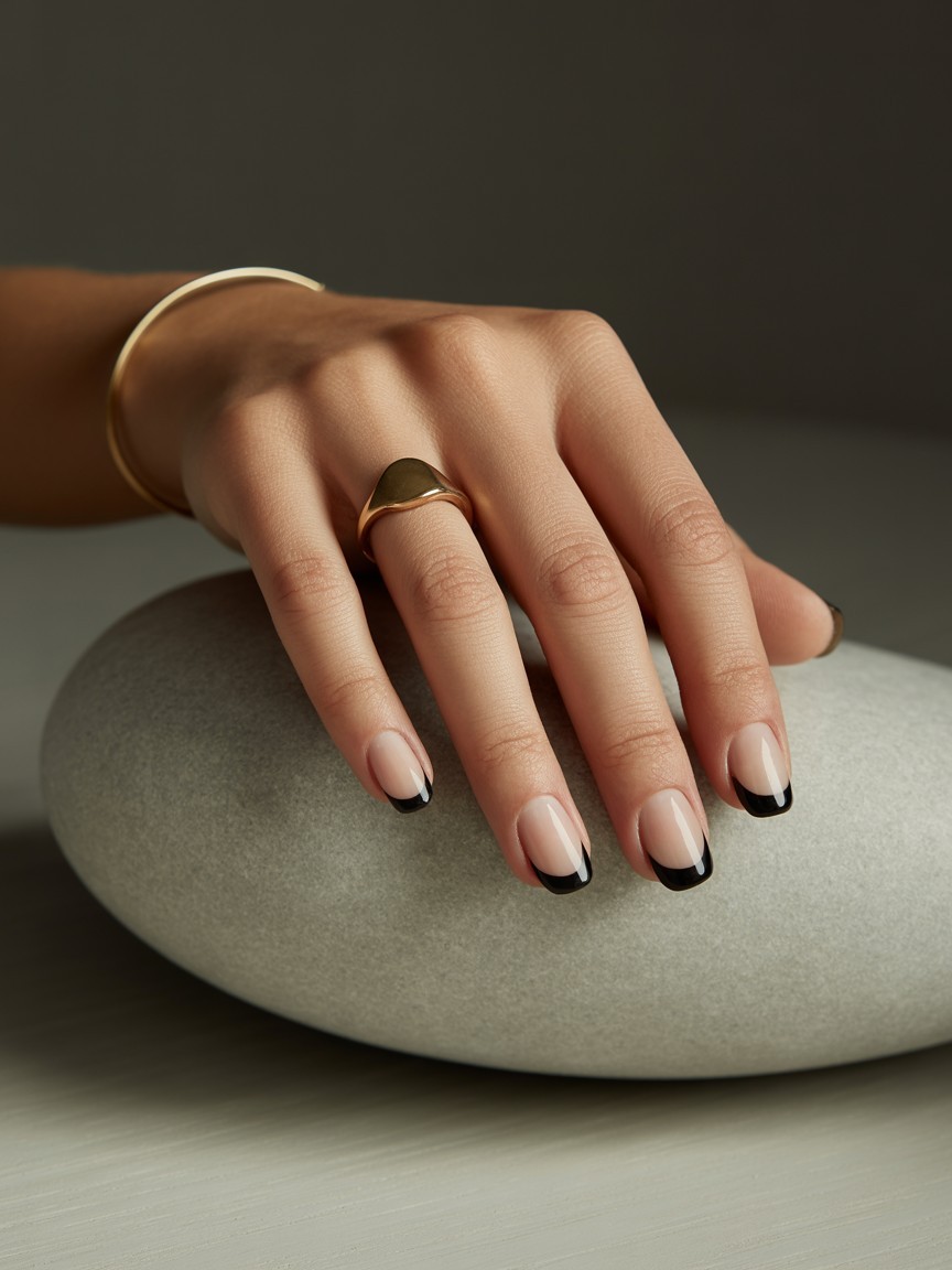 Natural hand with medium-length nude nails featuring glossy black French tips, styled with gold jewelry and placed on a soft grey stone background.