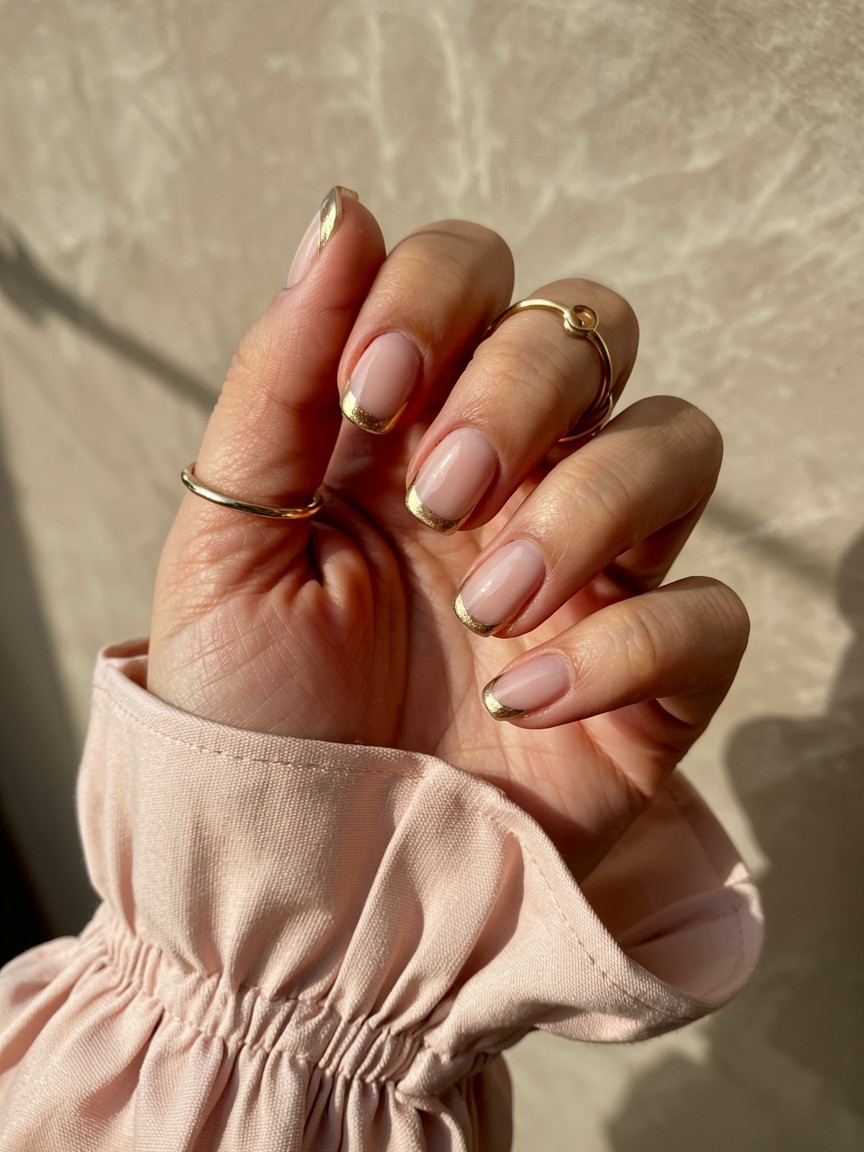 Hand with glossy classic gold French tips, gold rings, and soft pastel dress sleeves.

