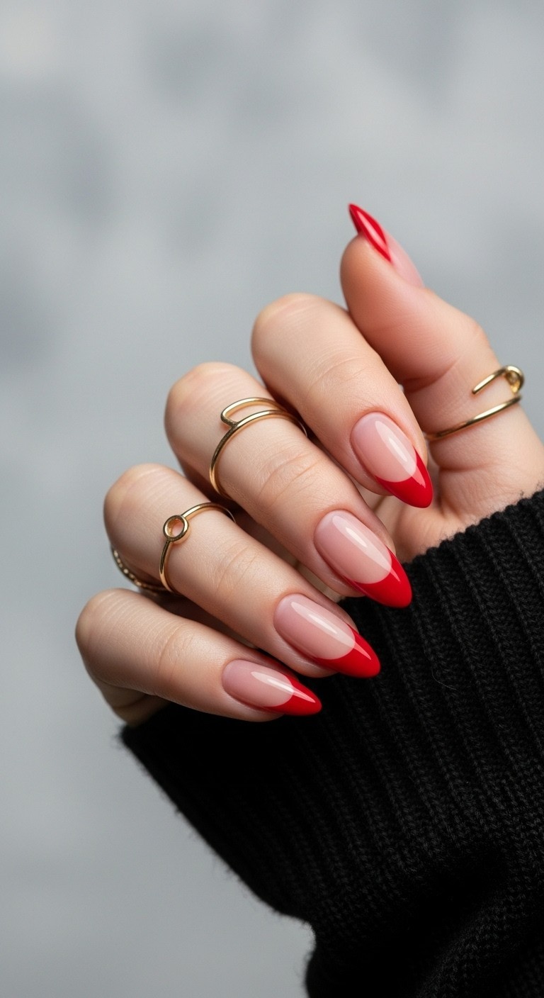 Hand with almond-shaped nude nails featuring glossy classic red French tips, styled with gold rings.