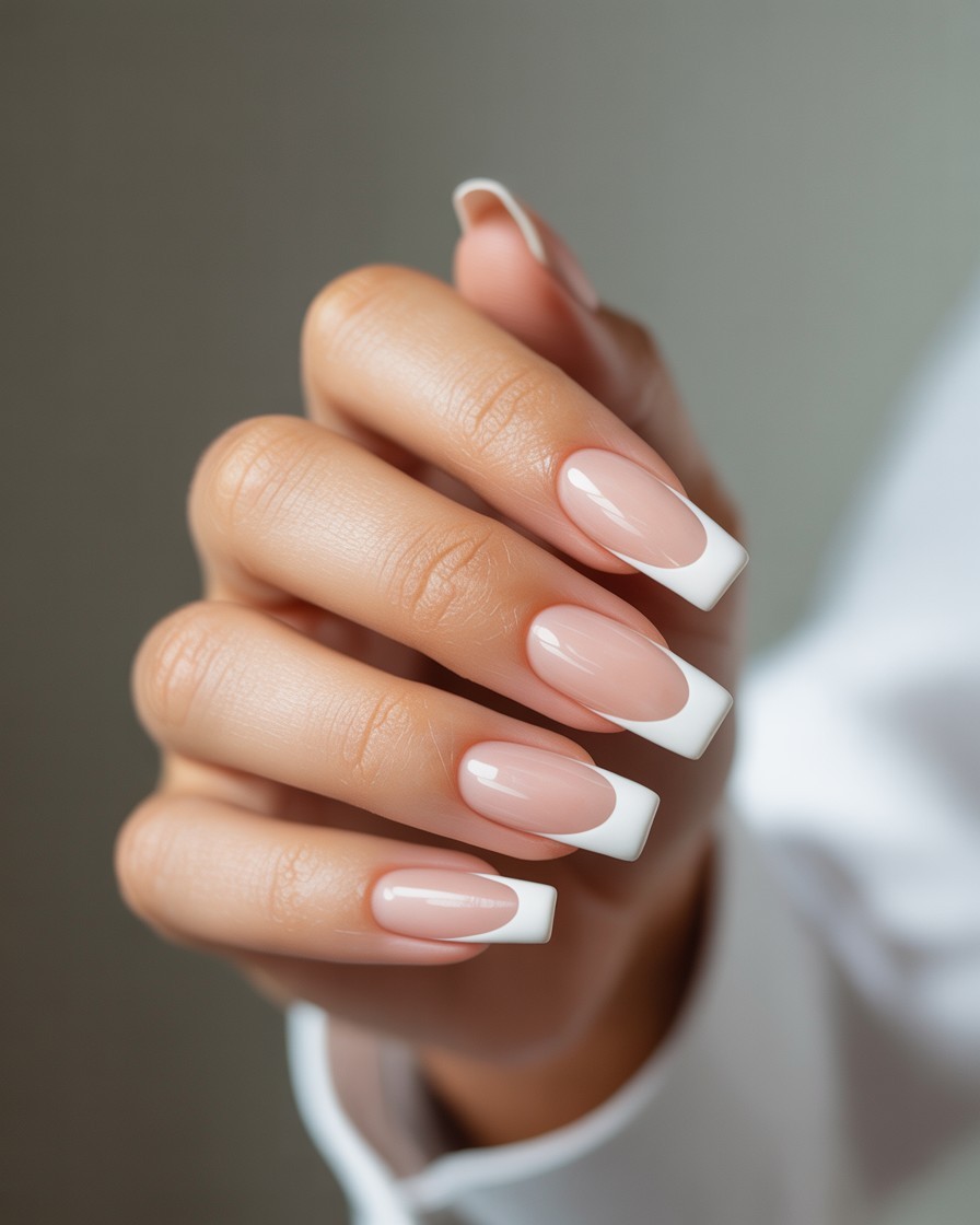 Close-up of long almond-shaped nails with crisp white French tips and natural nude base, glossy and elegant manicure.