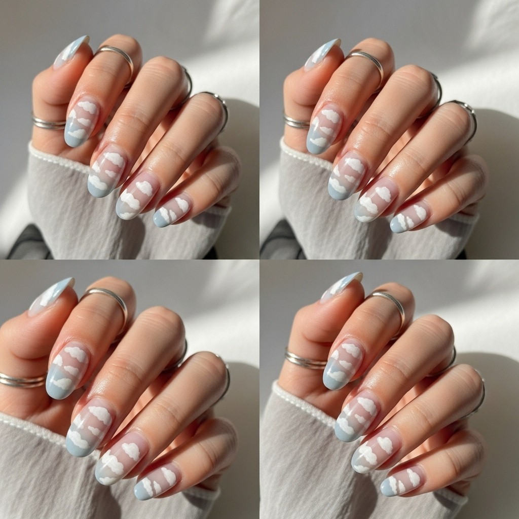 Natural hand with silver French tip nails and soft white cloud nail art over a nude base
