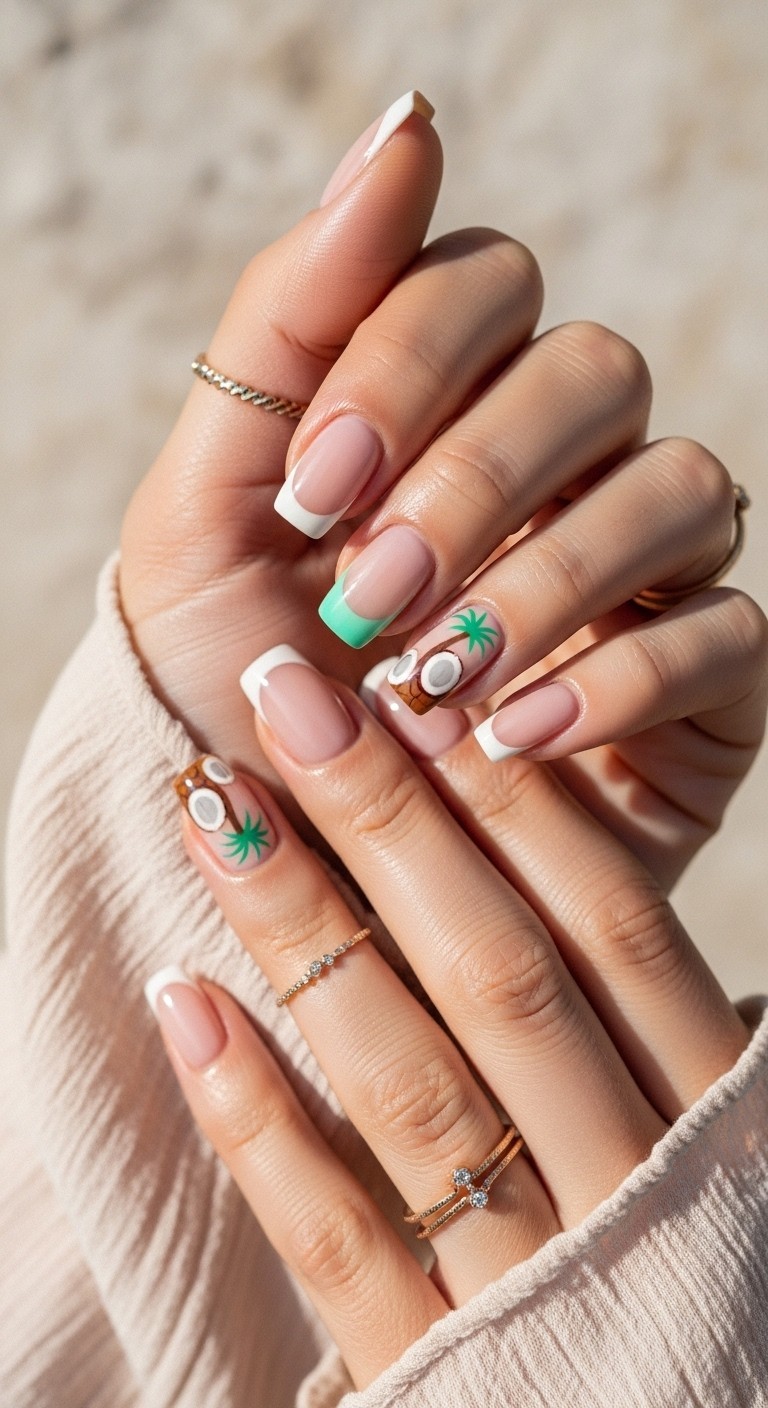 glossy French tip nails with sunset-colored tips and hand-painted coconut tree accents, styled with soft fabric sleeves