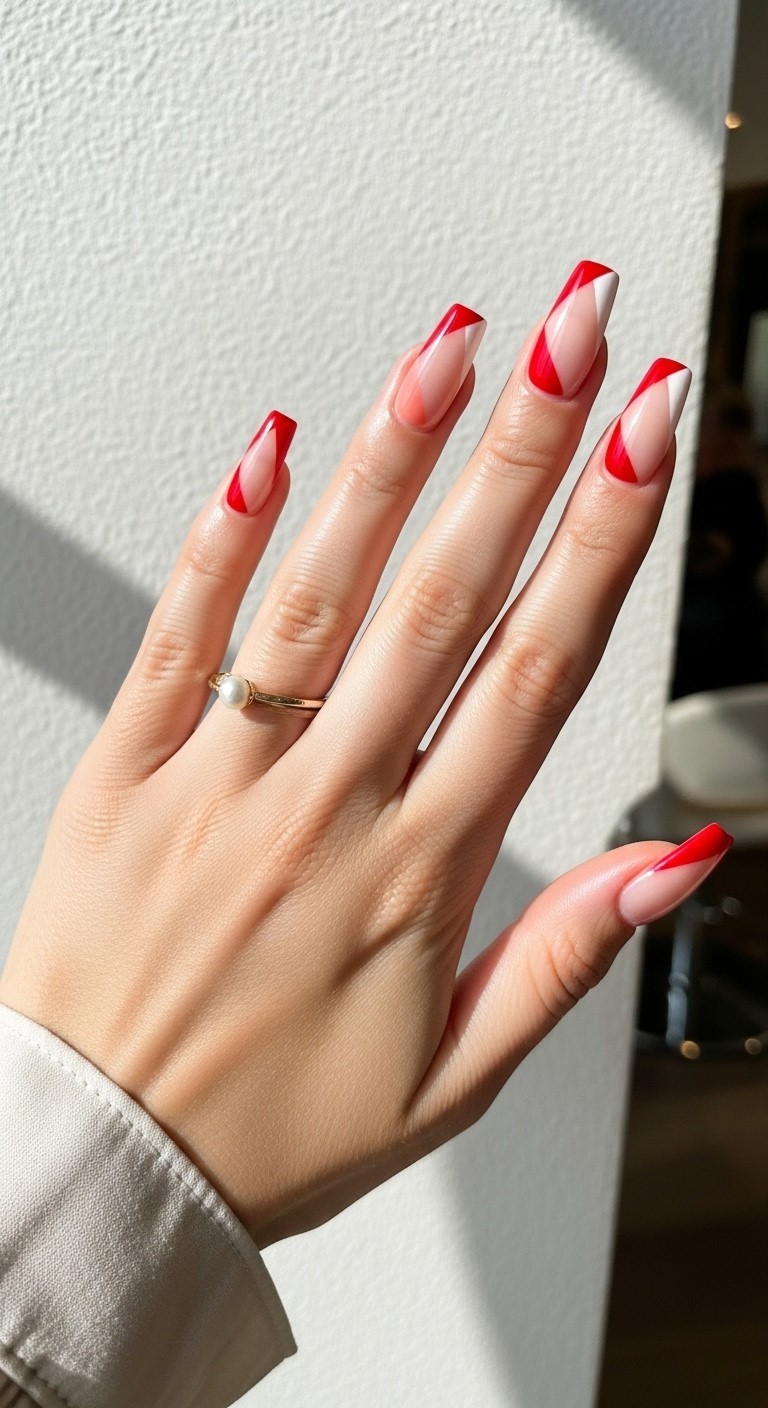 Hand with coffin nails featuring color-blocked French tips in bold red and nude tones, styled with soft lighting and a neutral background.