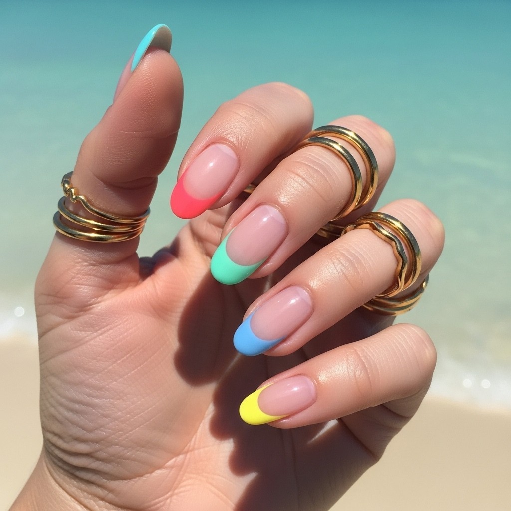 Short oval nails with glossy nude base and rainbow-colored French tips, styled with gold rings and a soft pastel background.