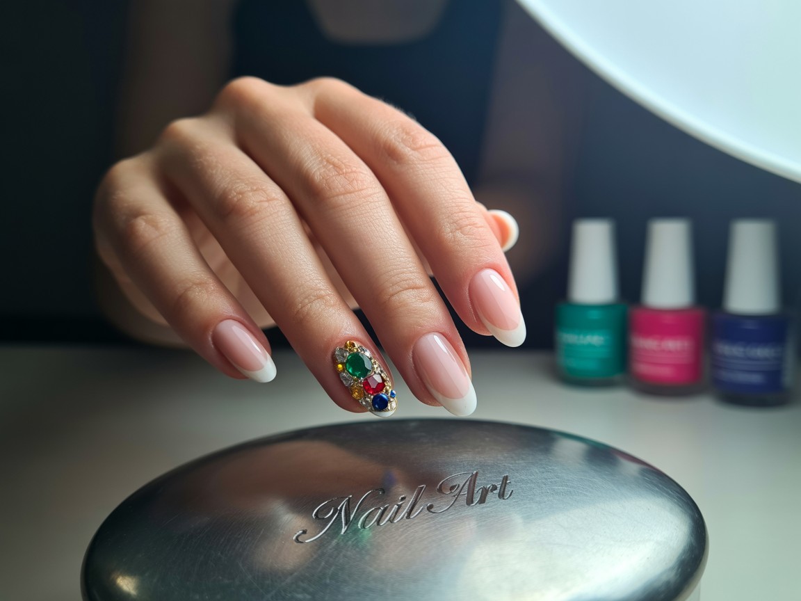 Close-up of almond-shaped white French tip nails with glossy finish and colorful sparkling gemstones on accent nails in a modern nail salon setting.