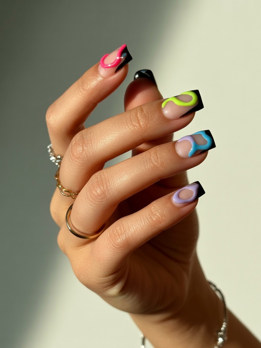 Black French tip nails with vibrant colorful squiggle accents in neon shades, styled with soft lighting and dainty hand jewelry.