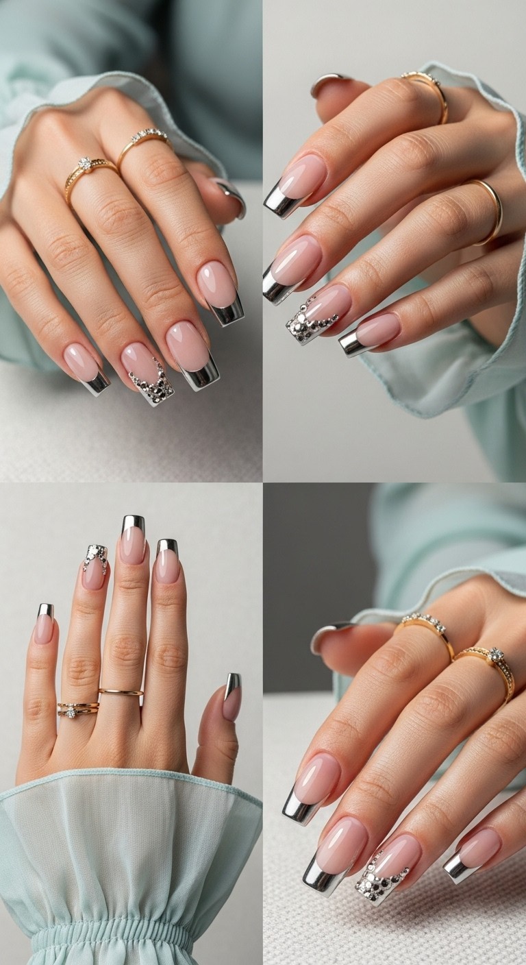 Close-up of a natural hand with almond-shaped nails featuring sheer nude bases and cool silver chrome French tips, accessorized with delicate silver rings and soft icy blue sleeves.