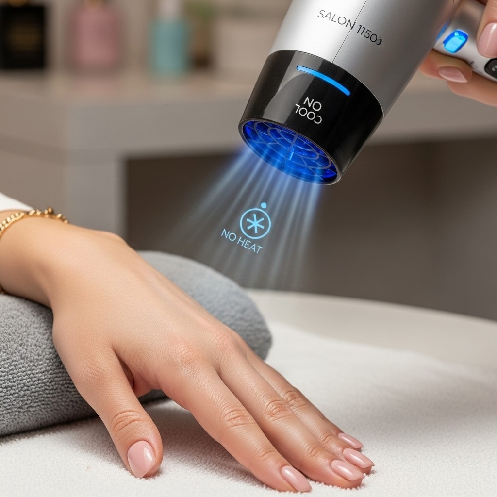 Hand with freshly painted nails being dried using a hairdryer held 12 inches away on the cool setting, illustrating the safe method to speed up polish drying without smudging.