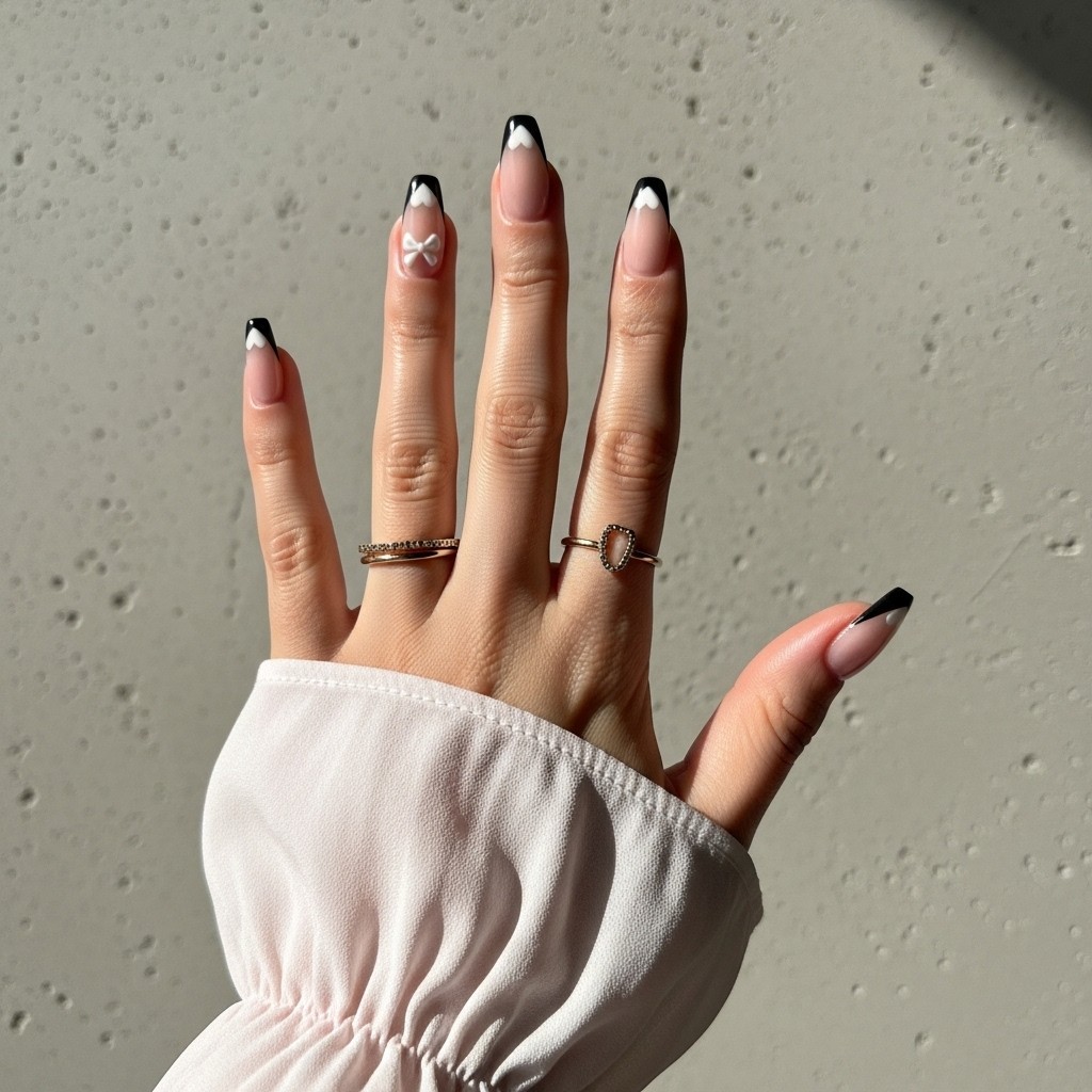 Almond-shaped nails with black French tips and dainty coquette-style accents like white hearts and bows, styled with a soft pastel sleeve and gold ring on a neutral stone background.


