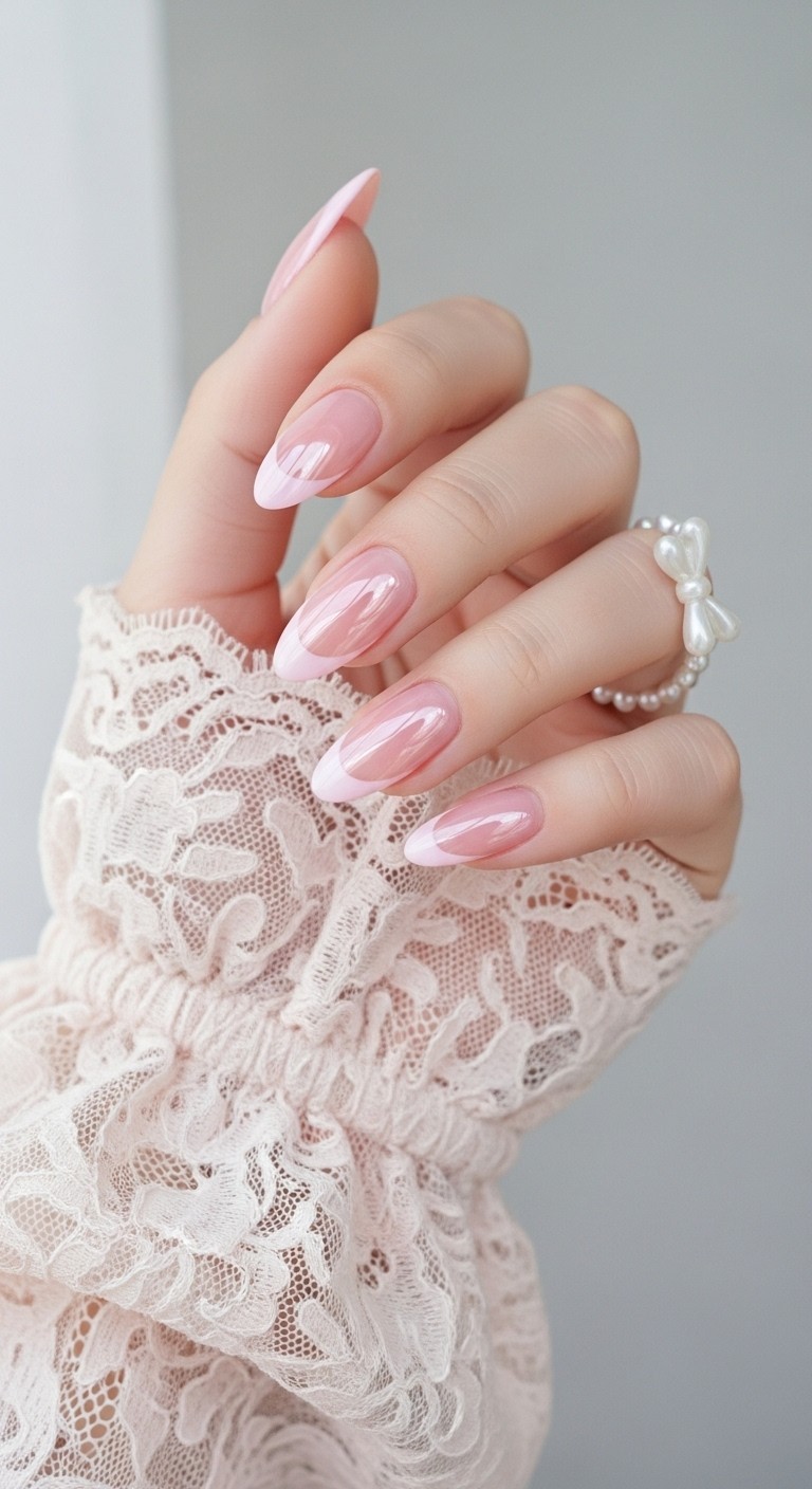 Almond-shaped nails with light pink chrome French tips and a sheer blush base on a soft, coquette-inspired hand pose.