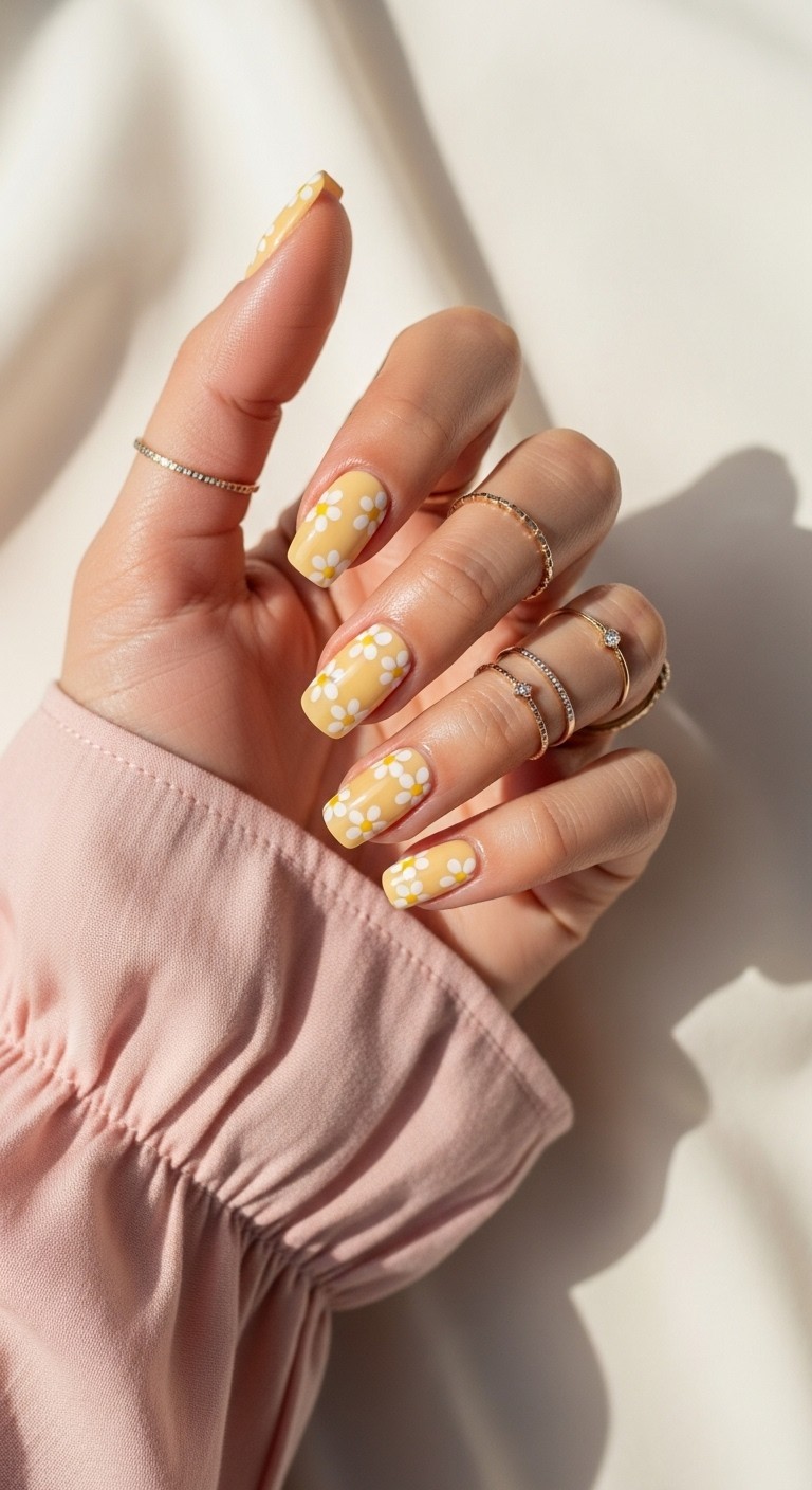 Close-up of a hand with glossy butter yellow nails adorned with delicate white and pastel pink floral accents, wearing dainty gold rings and a blush pink summer dress sleeve, against a soft off-white background.
