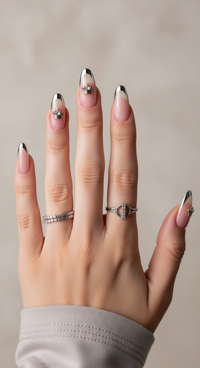 silver chrome French tip nails and minimalist crown-shaped crystal accents on each tip