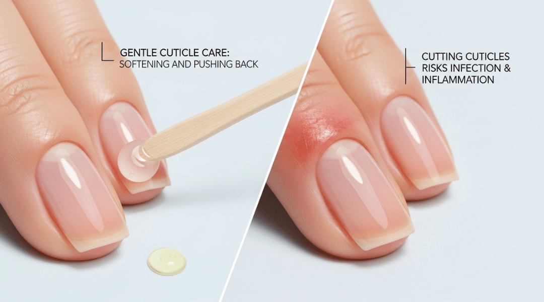 Side-by-side close-up of two fingernails—one with a healthy, pushed-back cuticle using oil and a cuticle stick, the other with a red, irritated cuticle. Includes labeled text to contrast safe cuticle care with the risks of cutting, reinforcing the myth that trimming cuticles enhances nail growth.