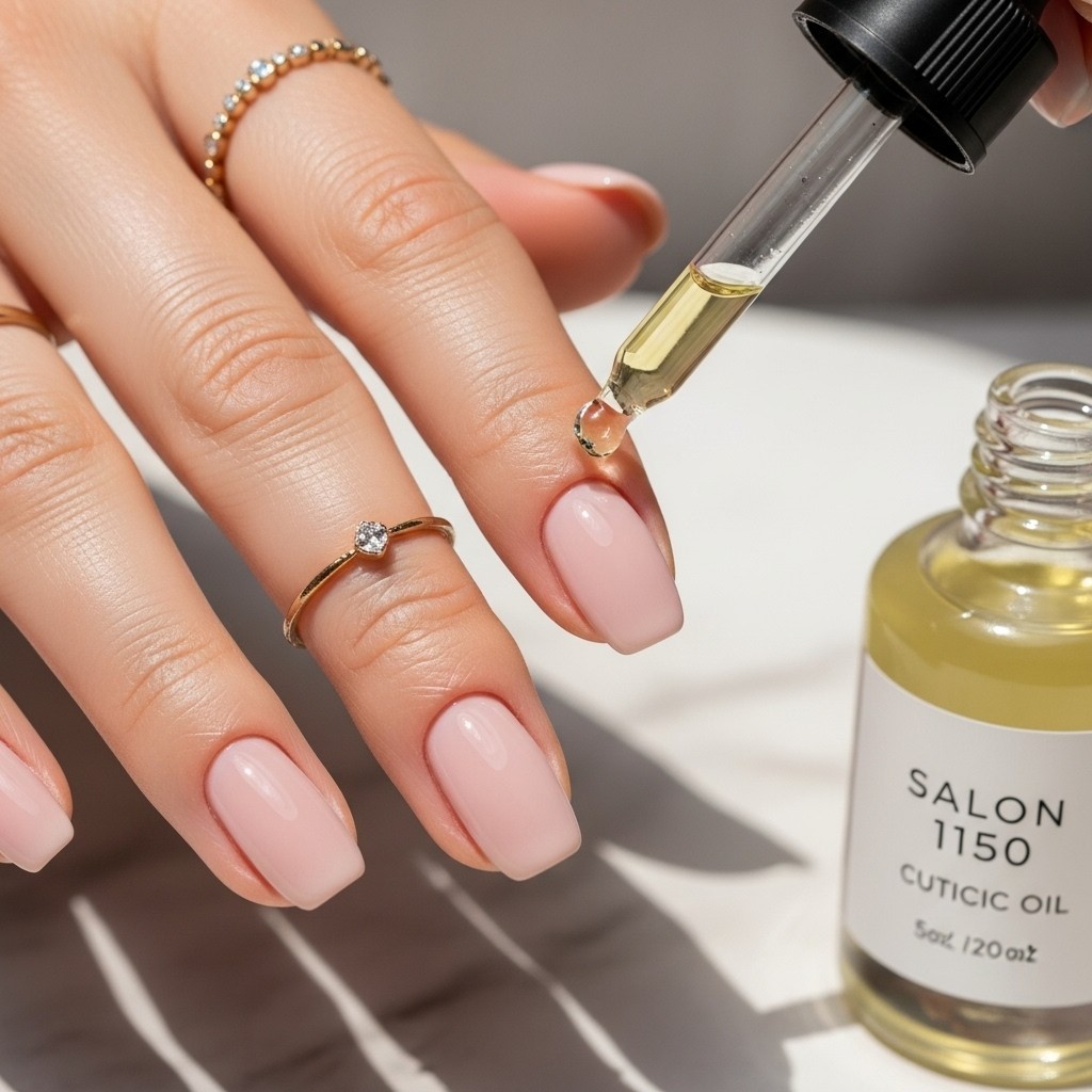 Close-up of a drop of cuticle oil being applied beside the nails with a glass dropper, showing how oil protects polish and hydrates the cuticle during the drying process.