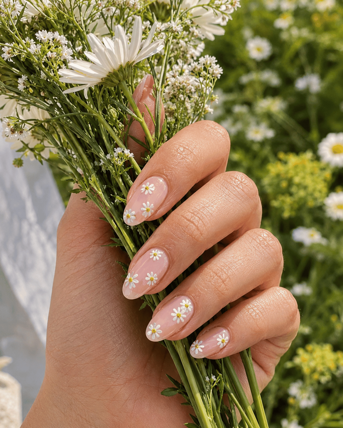 Nude pink almond-shaped nails with delicate white daisy flower accents and yellow centers, inspired by fresh June garden blooms.