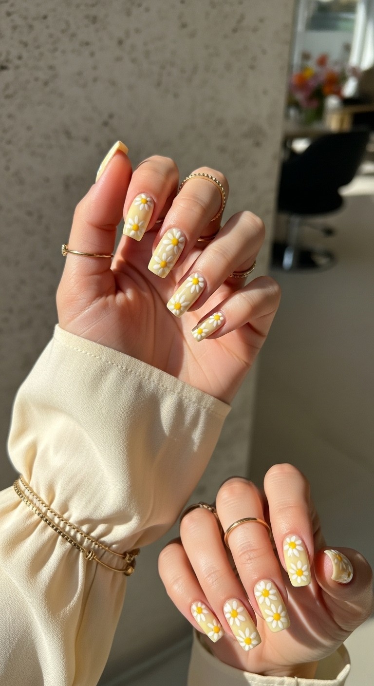 Natural hand with glossy butter yellow nails decorated with delicate white daisy floral designs, soft gold rings, light flowy sleeves, and neutral background.