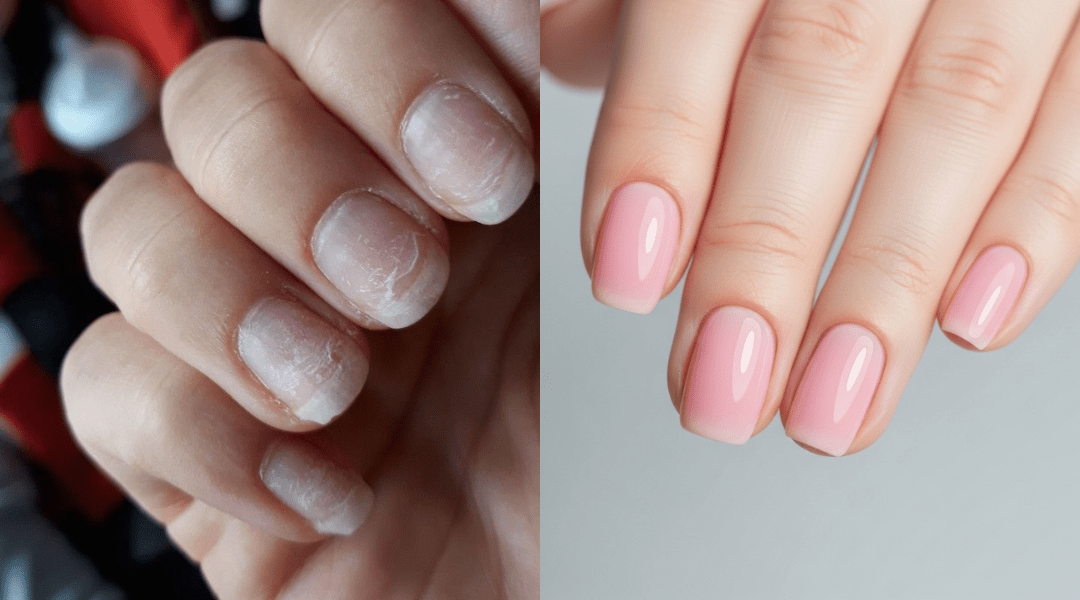 Side-by-side comparison of damaged nails from improper acrylic removal and healthy nails with gentle gel polish.