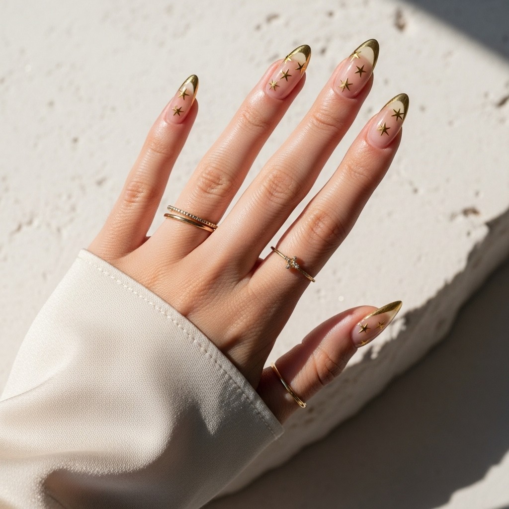 Full back of a natural hand with straight fingers showing almond-shaped gold French tip nails with delicate golden star accents, styled with minimal gold rings and a cream flowy summer dress sleeve.