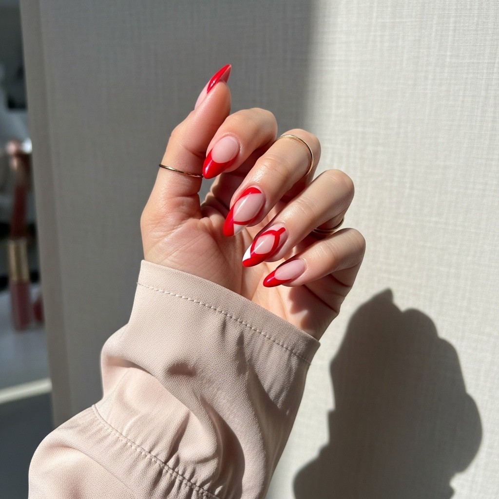 Almond-shaped nails with a deconstructed red French tip design featuring abstract, angled red accents over a nude base, styled with a soft sleeve and gold ring.