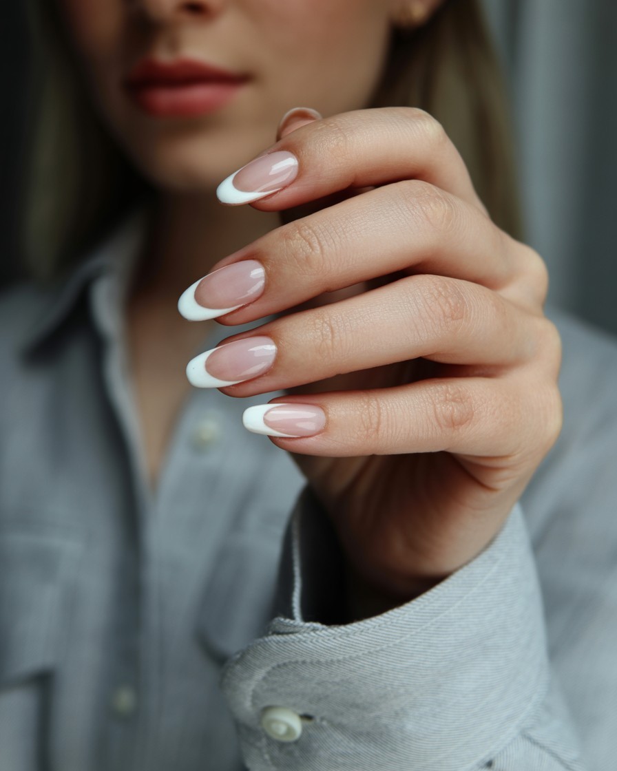 Hyper-realistic close-up of almond-shaped nails with white French tips featuring a deep side cut, glossy finish, and nude base with an editorial vibe.