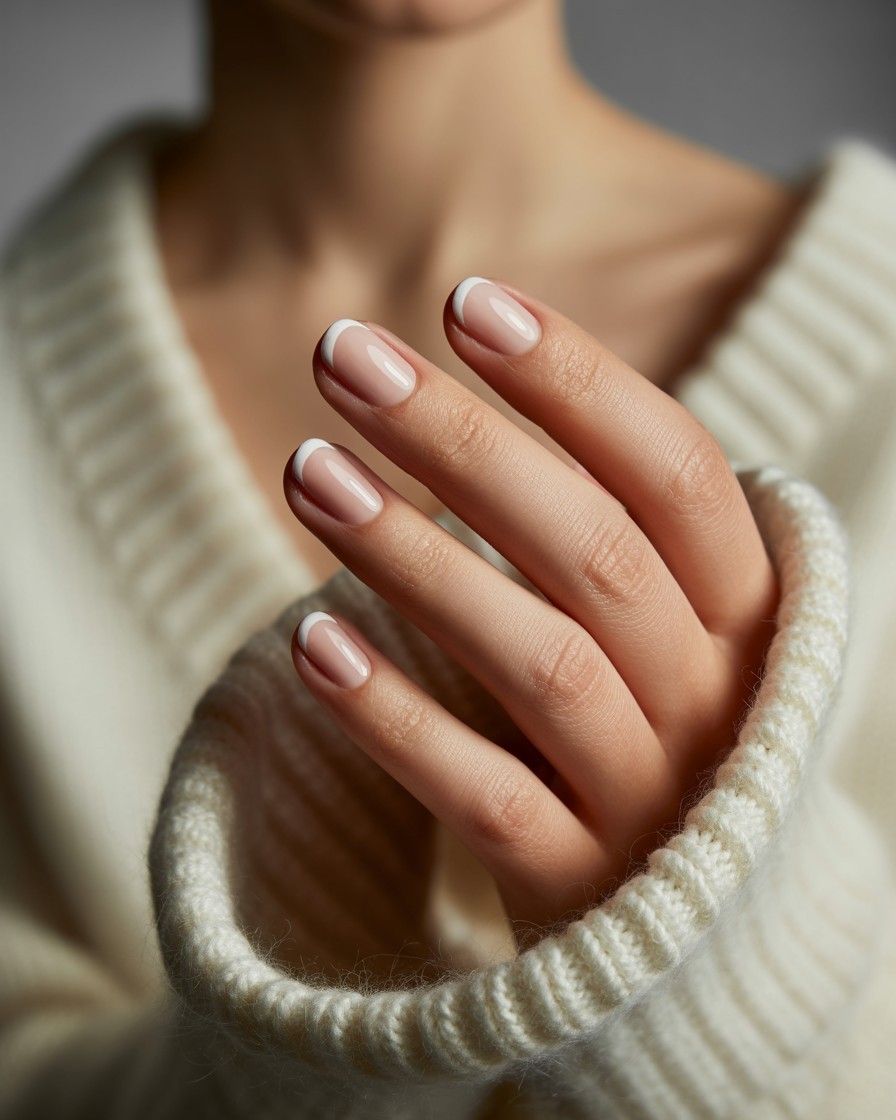 Close-up of short to medium-length nails with natural blush base and delicate thin white French tips, glossy minimalist manicure.
