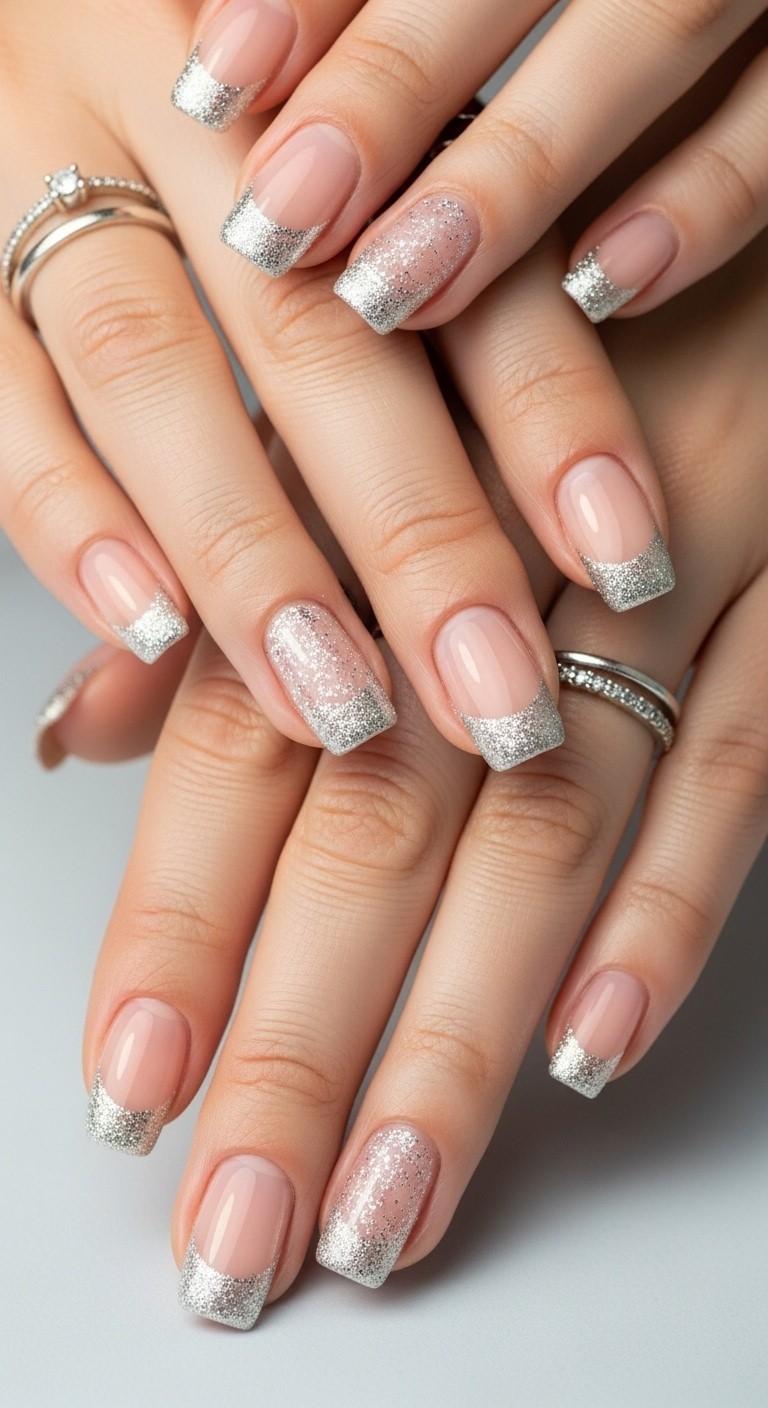 Elegant female hands with nude nails featuring subtle silver diamond dust glitter on French tips against a pale neutral background.