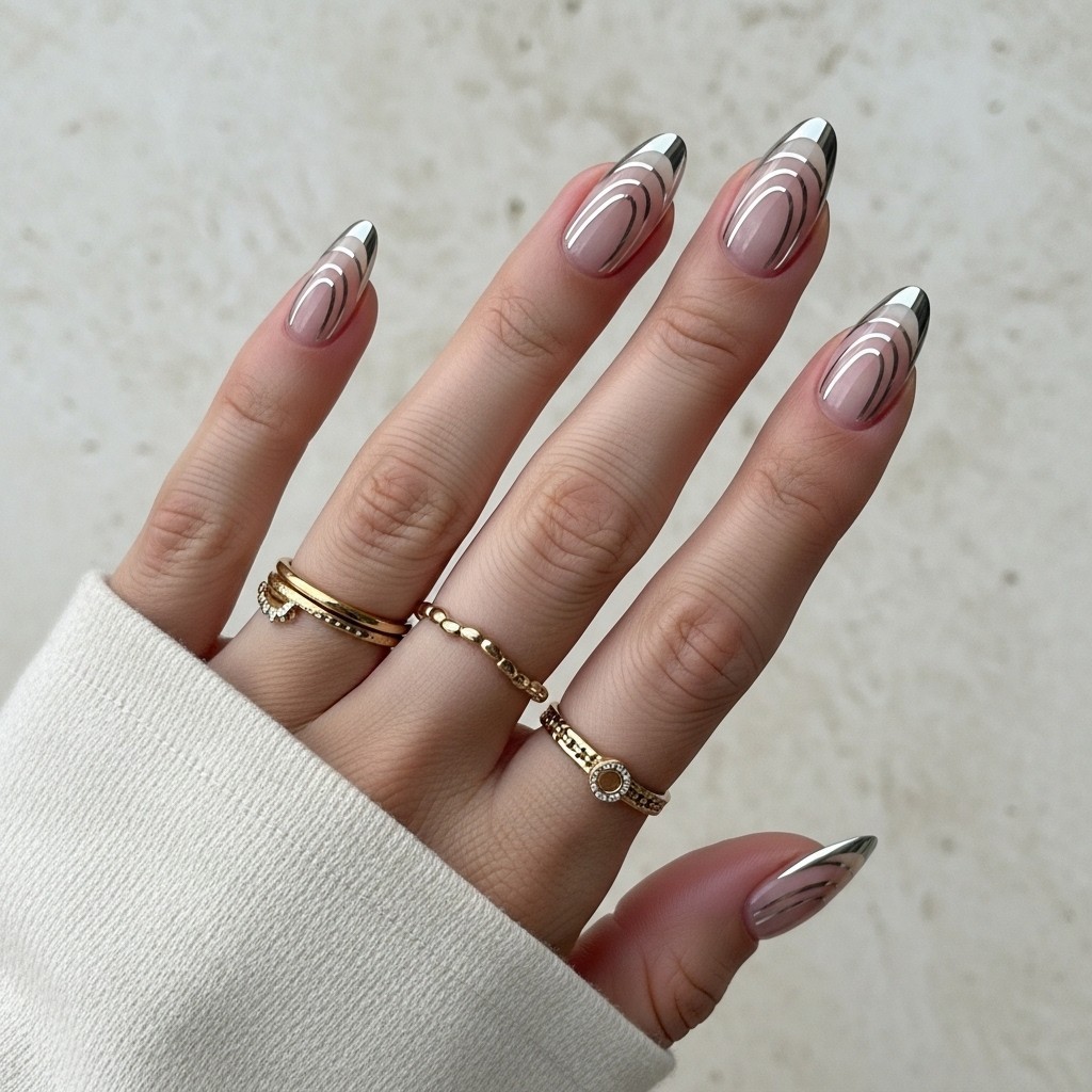 nails with twin chrome arches on each tip over a nude base
