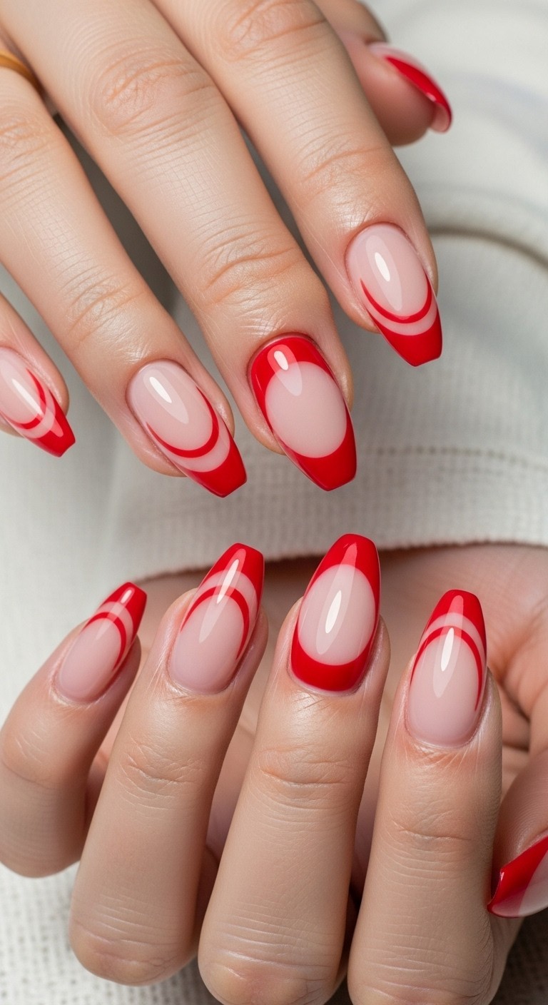 hand with naturally straight fingers showing medium-length nails with glossy nude base and elegant double-arched white and beige French tips, natural skin texture, and a thin gold ring.