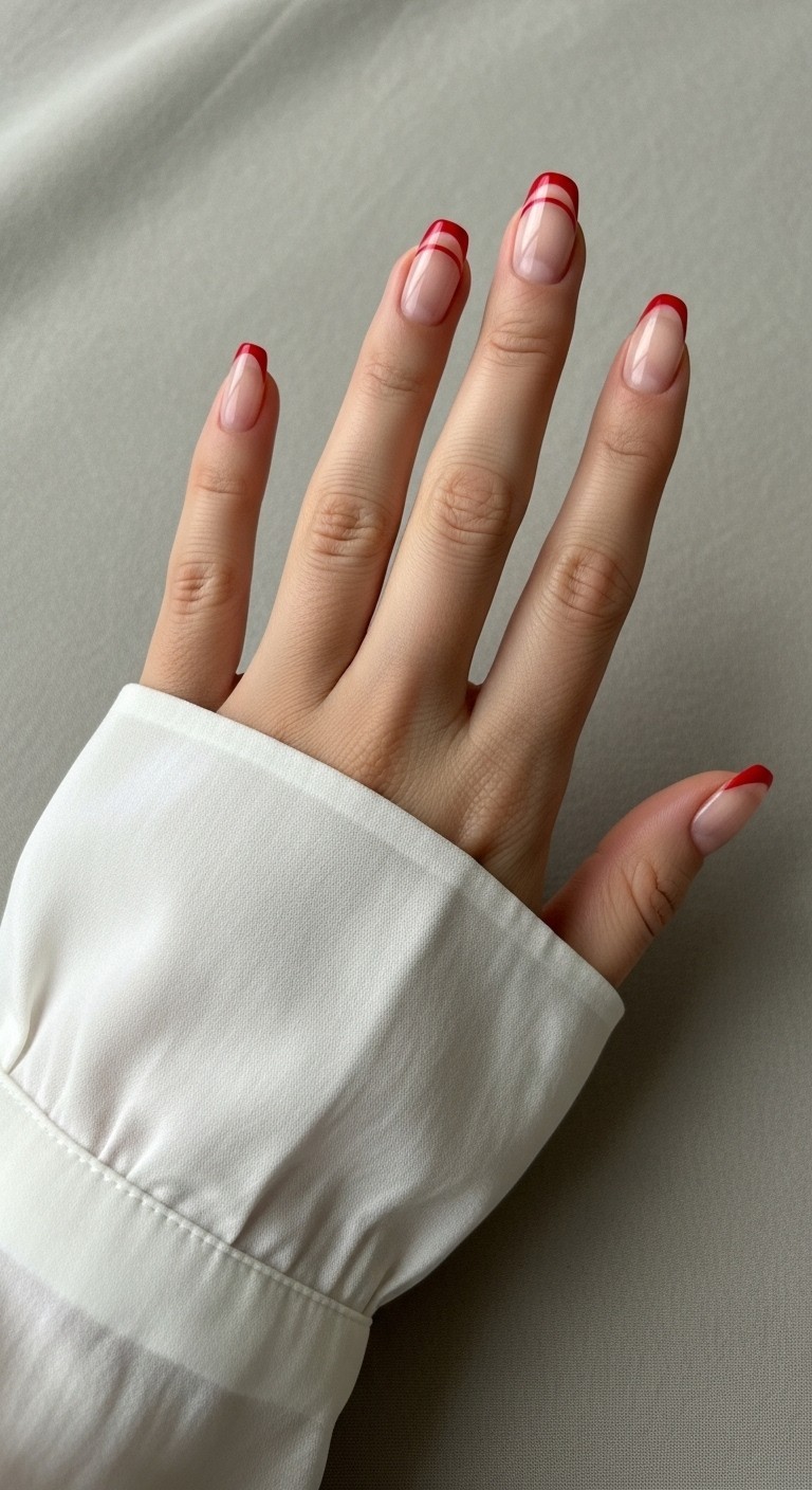 Flat hand with straight fingers showing a double invisible French nail design with red lines on a nude base, resting on light fabric.