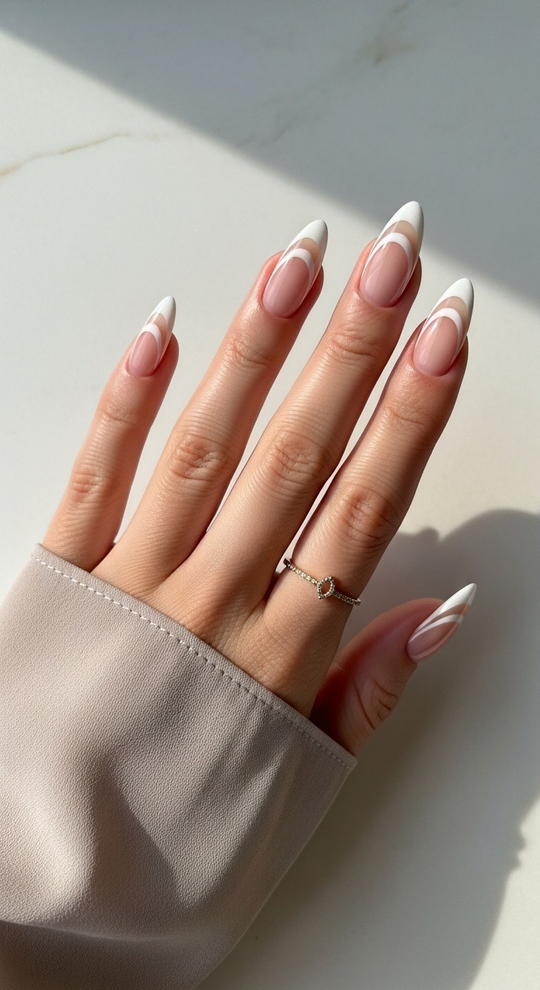 Almond-shaped nails featuring a modern double white French tip design over a nude base, with glossy finish and gold ring, set against an off-white stone background.