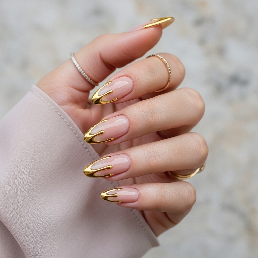 Close-up of nude nails with glossy gold drip French tips on a sleek hand with thin fingers, styled with soft fabric sleeve and gold ring.