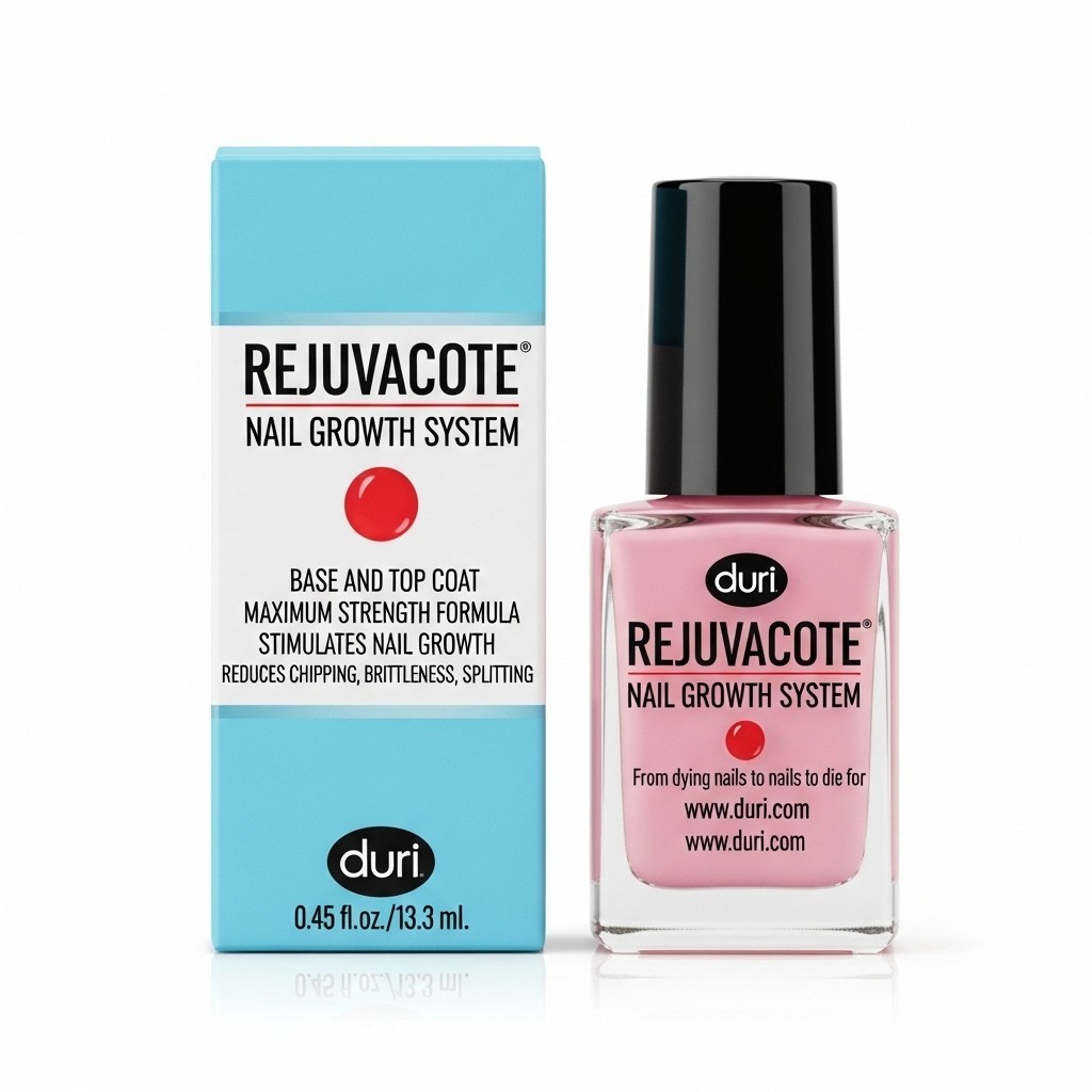 Duri Rejuvacote nail growth system bottle with black cap and clear nail strengthener formula