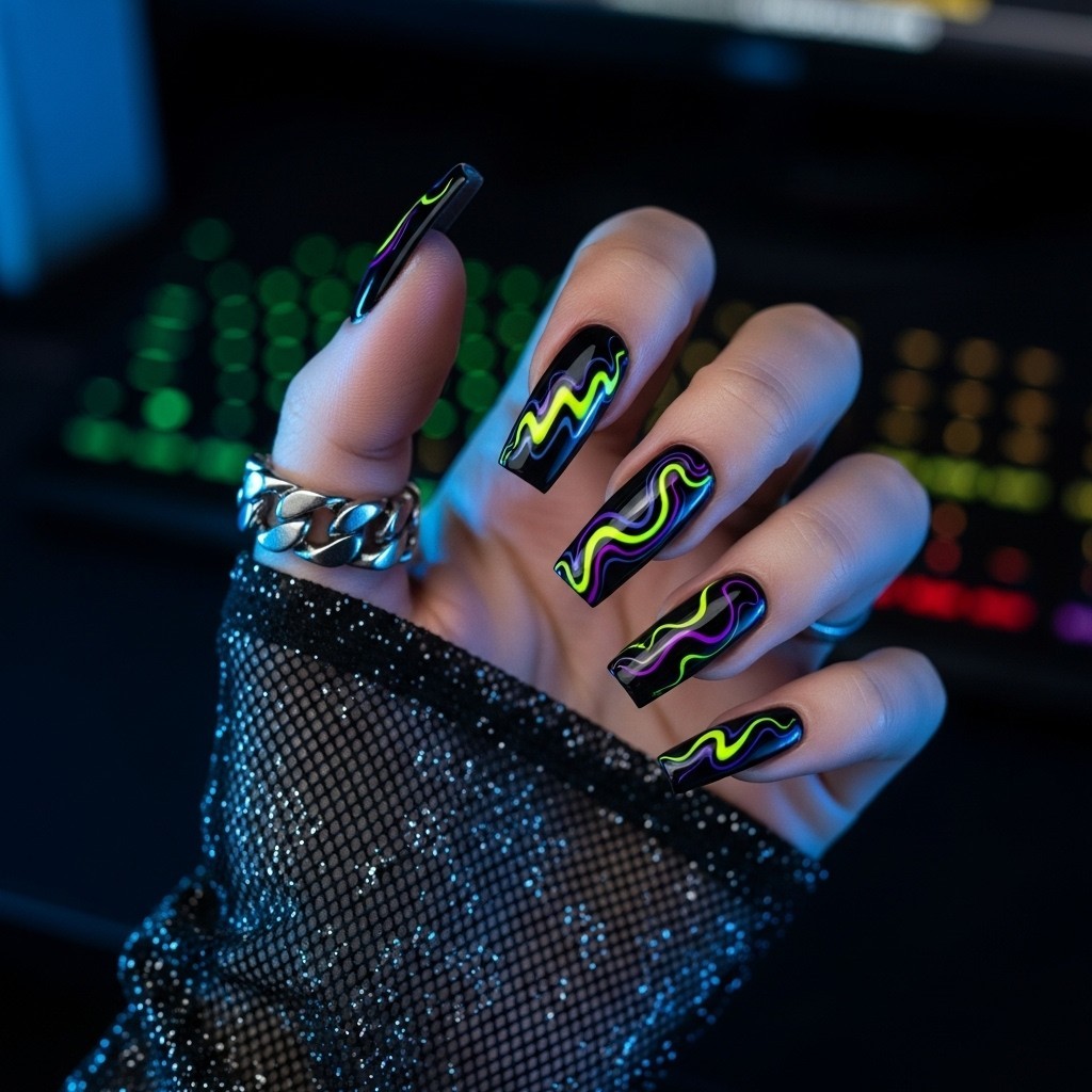 Edgy Electric Swirl Nails with black base and glowing neon yellow/purple lightning designs on tapered square nails, styled with cyberpunk jewelry against mesh top background.