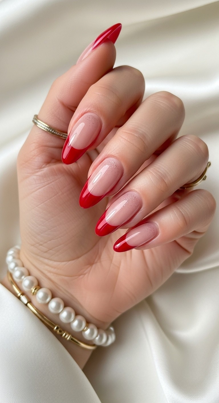 Hand with medium-length almond nails featuring an elegant red French manicure with a glossy crimson tip, styled with pearl and gold jewelry.