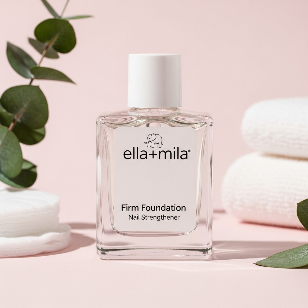 ella+mila Firm Foundation nail strengthener and base coat in clear glass bottle with white cap and glossy, vegan formula