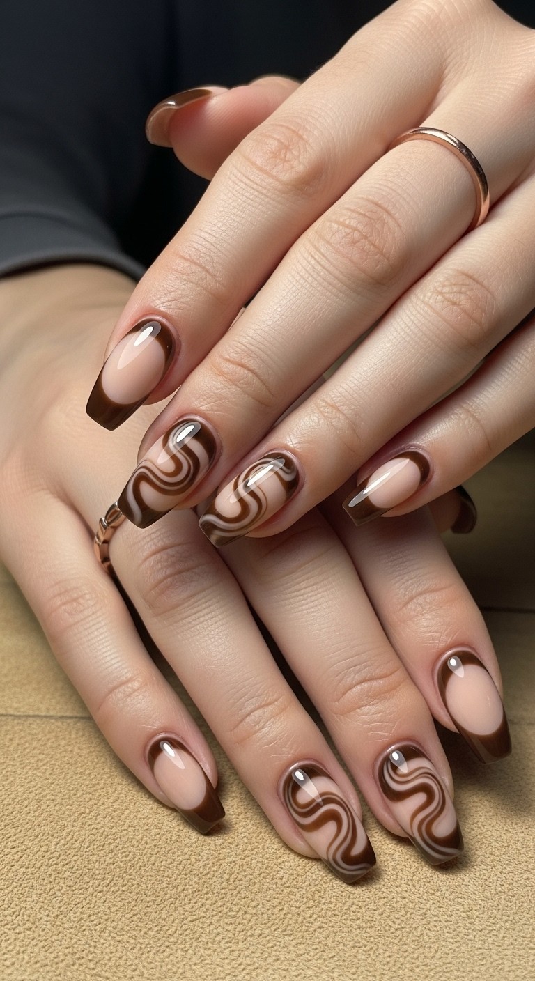 Well-manicured hand with espresso-colored swirl tips on a creamy nude base, styled with a bronze ring against a warm tan background.