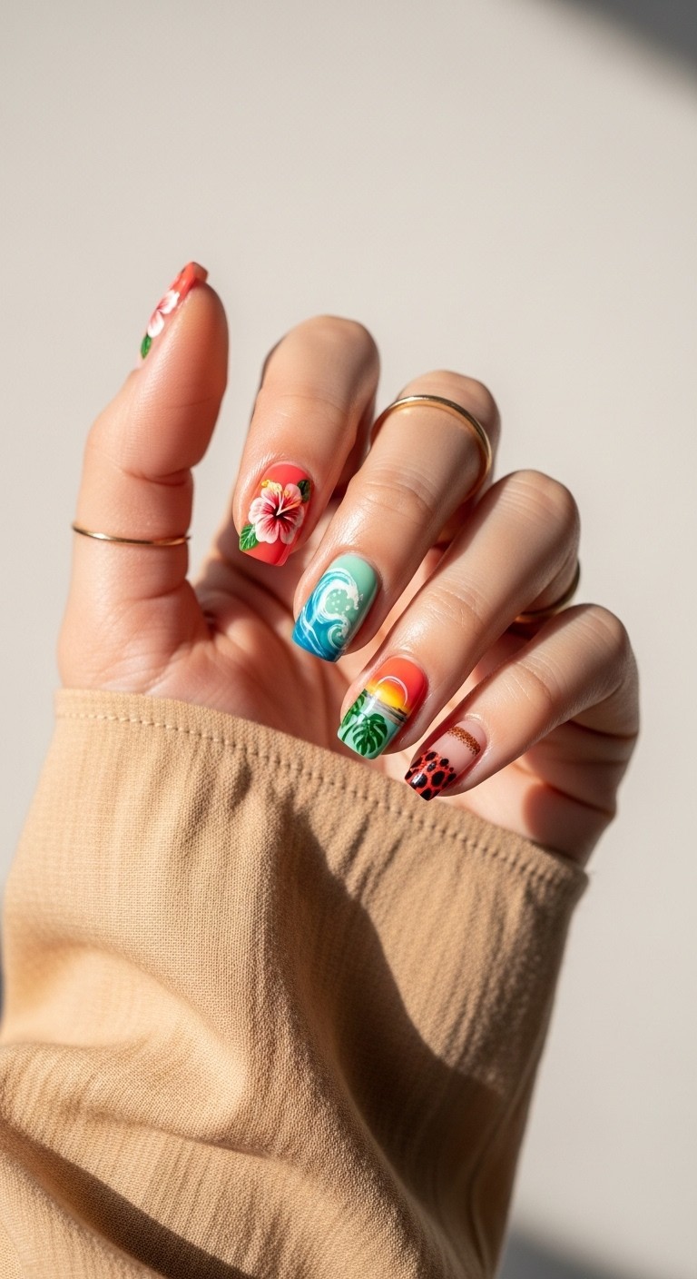 Hand-painted tropical nail art inspired by Hawaii, featuring hibiscus, waves, and island colors on a natural hand with soft lighting and subtle accessories.