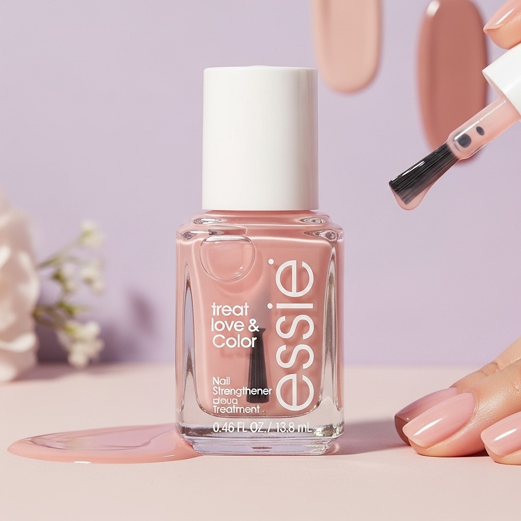 Essie Treat Love & Color nail strengthener in clear square bottle with white cap and sheer pink tint for brittle, peeling nails