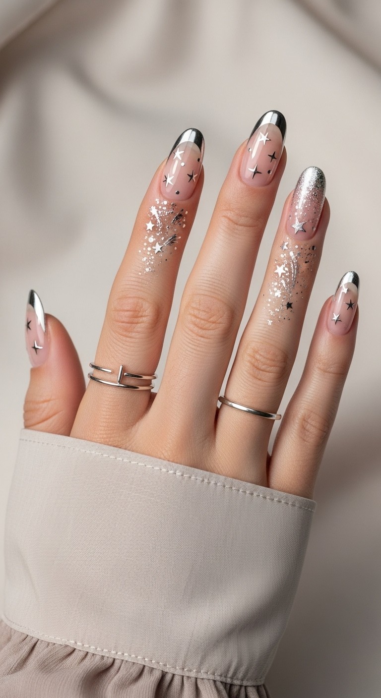 medium-length oval nails featuring nude bases and classic silver chrome French tips decorated with delicate silver star decals and subtle silver glitter fading from tips to nail beds, accessorized with thin silver rings and soft pastel sleeves.