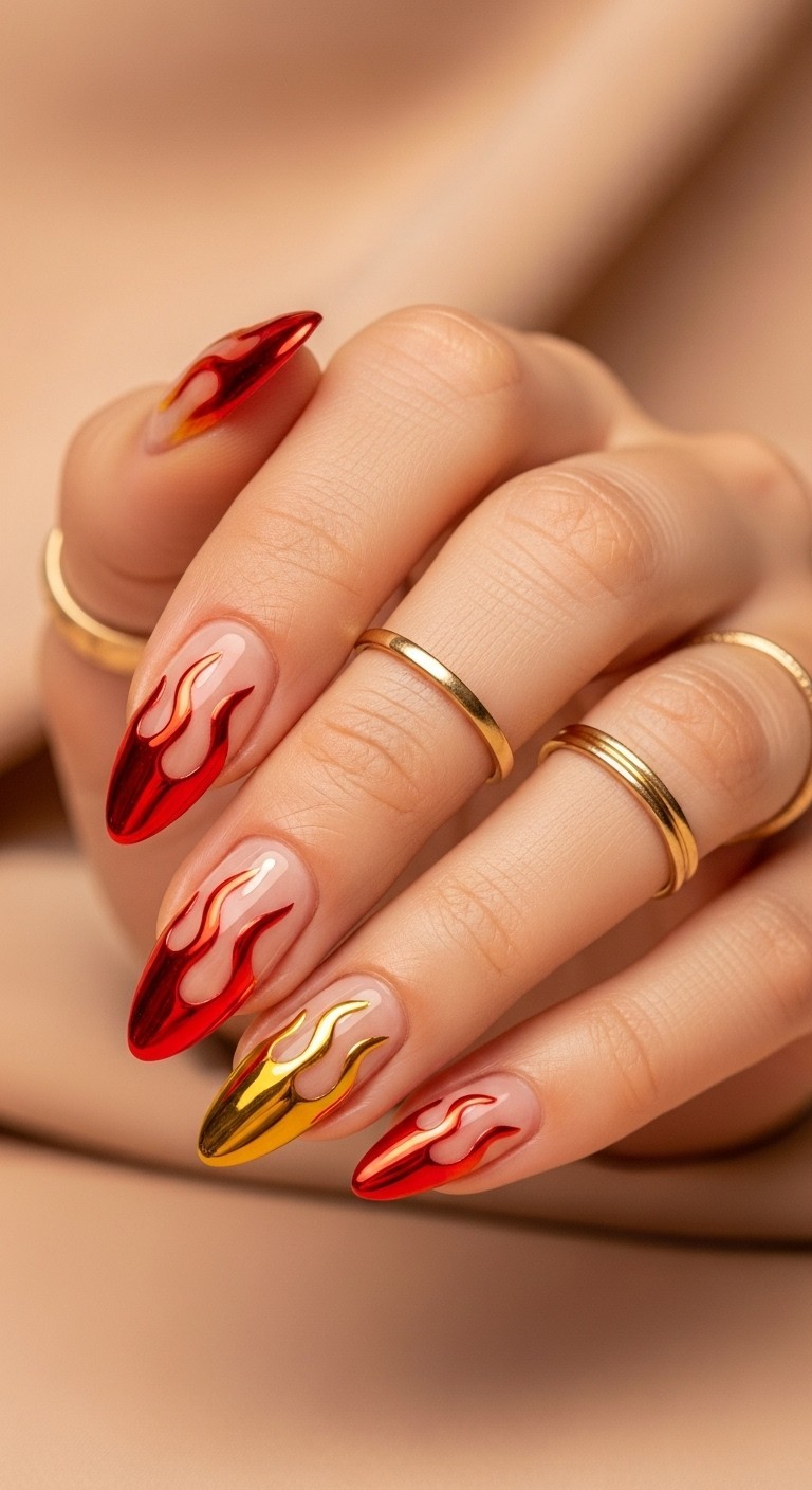 Almond nails with red, orange, and gold flaming chrome French tips