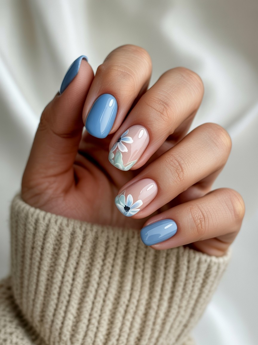 Back of the hand with almond-shaped soft blue French tip nails featuring delicate white and pastel blue floral accents, framed by a cream knit sleeve.